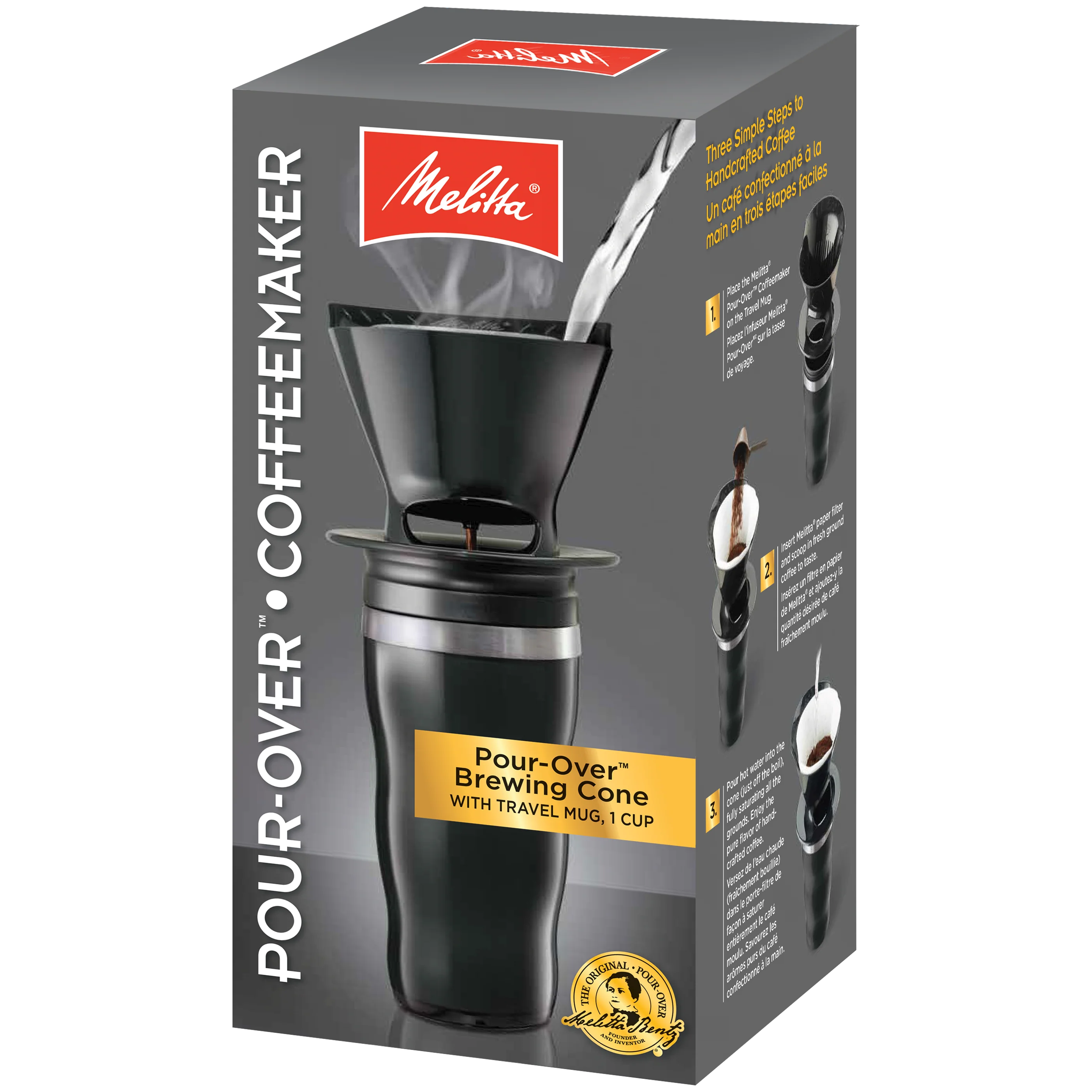 1-Cup Pour-Over Coffee Brew Cone & Travel Mug Set - Black - Image 3