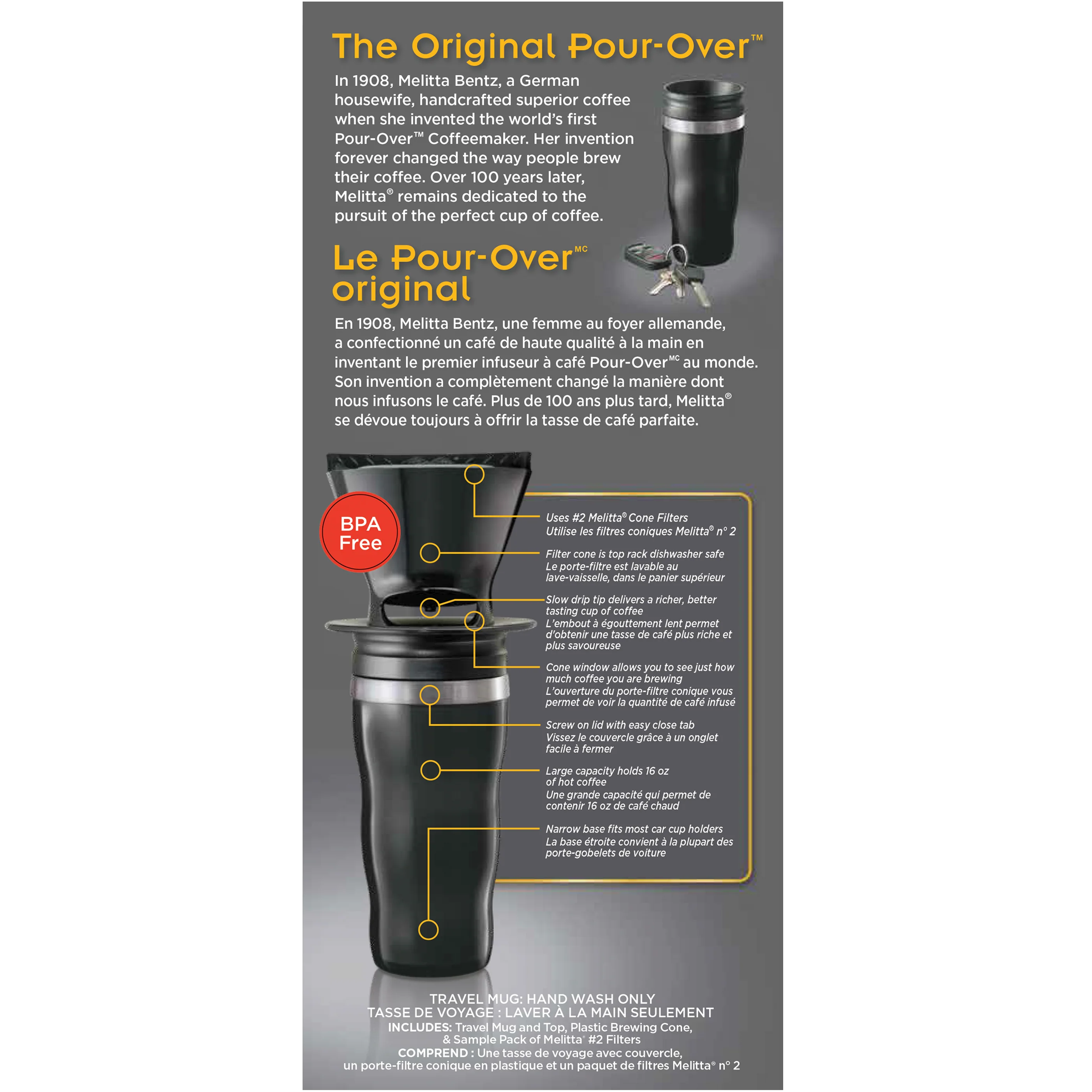 1-Cup Pour-Over Coffee Brew Cone & Travel Mug Set - Black - Image 4